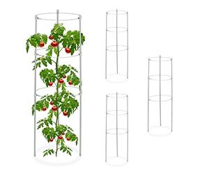 Relaxdays Set 4 Jaulas Tomates, Hierro y Plástico, Tutores Flores, 3 Anillos, Soporte Plantas Trepadoras 60x22 cm, Gris