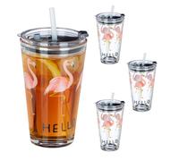 Relaxdays Set 4 vasos con tapa y pajita flamenco rosa,negro,transparente