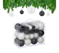 Relaxdays Set 50 Bolas Árbol Navidad, Decoración Navideña, Mate, Brillante y con Purpurina ∅ 3, 4 y 6 cm, Negro/Blanco