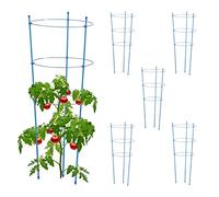 Relaxdays Set 6 Jaulas Tomates, Metal, Plástico, Varillas Tomatera, 76cm, 3 Anillos Regulables, Soporte Trepadoras, Azul