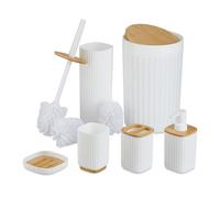 Relaxdays Set Accesorios Baño, Juego Completo Utensilios 6 Piezas, Conjunto WC, Plástico y Bambú, Blanco y Natural