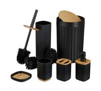 Relaxdays Set Accesorios Baño, Juego Completo Utensilios 6 Piezas, Conjunto WC, Plástico y Bambú, Negro y Natural