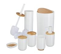 Relaxdays Set Accesorios Baño, Juego Completo Utensilios 7 Piezas, Conjunto WC, Plástico y Bambú, Color a Elegir