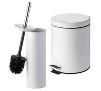 Relaxdays Set baño 2 Piezas, escobilla WC y Cubo 5 L Blanco | Sistema de cierre automático, metal, accesorios de baño, juego de baño