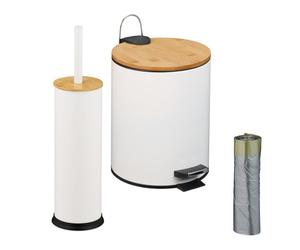 Relaxdays Set baño 2 pzas c/papelera y cepillo WC blanco,marrón claro,negro