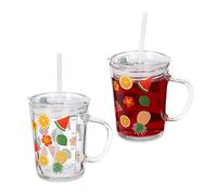 Relaxdays Set de 2 Vasos Infantiles, Diseño Frutas, Jarrita Agua Niños, con Asa, Tapa y Pajita, 400 ml, Transparente