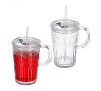 Relaxdays Set de 2 Vasos, Jarras para Beber con Tapa y Pajita, Jarritas Batidos y Zumos 450 ml, con Asa, Transparente