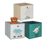 Relaxdays, set de 3 cajas de almacenamiento para niños, motivos de dinosaurios, caja plegable, 30 x 30 x 30 cm, textil