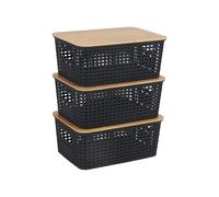 Relaxdays, Set de 3 Cajas organizadoras con Tapa, plástico y bambú, Asas, HBT: 10,5x25,5x18 cm, Negro