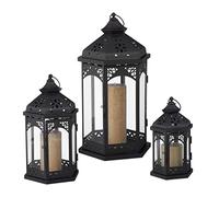 Relaxdays Set de 3 Farolillos Decorativos para Exterior e Interior, Hierro-Cristal, Negro, 3 Tamaños
