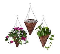 Relaxdays Set de 3 Macetas Colgantes, Cestas Plantas Trenzadas, Forma Cono, con Revestimiento, Cadena, 30x25 cm, Marrón
