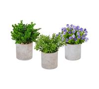 Relaxdays Set de 3 Plantas Artificiales en Maceta, Flores Plástico, Imitación Realista, Decorativas, Verde, Lila y Gris
