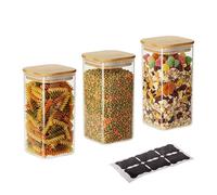 Relaxdays Set de 3 tarros de Cristal Cuadrado con Tapa de bambú, herméticos, 1500 ml, Transparentes/Naturales (21 x 10 x