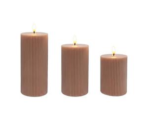 Relaxdays Set de 3 Velas LED con Llama Parpadeante, Cera Real, estrías, sin Llama, Rosa Antiguo, 18 x 7.5 x 7.5 cm