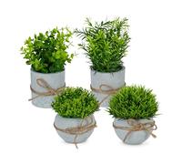 Relaxdays Set de 4 Plantas Artificiales, Flores de Plástico Realistas, Maceteros Piedra, Romero, Boj, Hierba, Verde/Gris