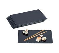 Relaxdays Set de 4 Platos de Pizarra, para Servir y Escribir, Buffet, Bandeja Piedra Rectangular, 26 x 16 cm, Antracita