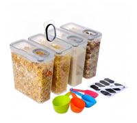 Relaxdays Set de 4 tarros, tapa, herméticos, transparentes | Recipiente para muesli de 3,7 l, con dosificador y etiquetas, de plástico