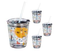 Relaxdays Set de 4 vasos con pajita deportivos azul,rojo,transparente