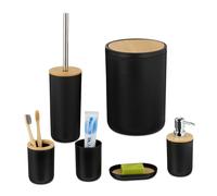 Relaxdays Set de 6 accesorios de baño marrón claro,negro,plata