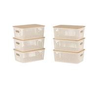Relaxdays Caja de Almacenamiento, Set 6, con Tapa, plástico y bambú, con Asas, HBT: 10,5x25,5x18 cm, Organizador, Blanco