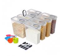 Relaxdays Set de 8 tarros para alimentos, herméticos y transparentes | Recipiente para muesli de 3,7 l, con dosificador y etiquetas, de plástico