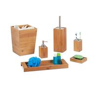 Relaxdays Set de seis accesorios de baño de bambú marrón claro,plata