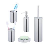 Relaxdays Set de Baño Accesorios, 5 Piezas Acero Inoxidable Pulido, Jabonera, Soporte, Vaso, Dispensador Jabón, Plateado