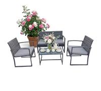 Relaxdays Set de jardín, 4 pzas., ratán sintético para 4, Banco, 2 sillas y Mesa de Cristal, Lounge Exterior, Gris