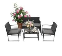 Relaxdays Set de jardín 4 pzs ratán con Banco, 2 sillas, Mesa de Cristal, Lounge Exterior, Negro 78x106x56 cm