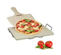 Relaxdays Set de Piedra Horno, Pala Pizza y Soporte Metálico, Bandeja, 1,5 cm de Grosor, Cordierita-Madera-Metal, Marrón