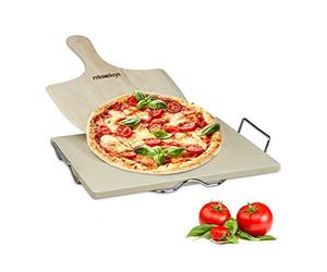 Relaxdays Set de Piedra Horno, Pala Pizza y Soporte Metálico, Bandeja, 1,5 cm de Grosor, Cordierita-Madera-Metal, Marrón