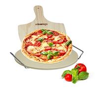 Relaxdays Set de Piedra Horno, Pala Pizza y Soporte Metálico, Bandeja, 1 cm de Grosor, Cordierita-Madera-Metal, Marrón