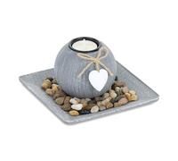 Relaxdays Set de Portavelas con Bandeja y Piedras Decorativas, 15,5 x 15,5 cm, Decoración de Mesa, Candelero, Gris