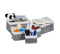 Relaxdays Set de Seis cestas de almacenaje, Funda de Tela, Bambú, Cuadrado y Rectangular, Organizador, Gris