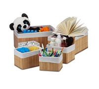 Relaxdays Set de seis cestas de almacenaje, Funda de tela, Bambú, Cuadrado y rectangular, Organizador, Natural
