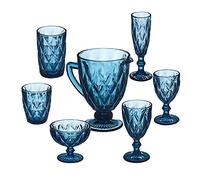 Relaxdays Set de Vasos de Cristal, 7 Piezas, con Jarra, Copas de vino, Postre, Vasos de agua, para Lavavajillas, Azul