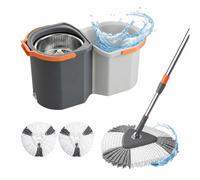Set fregona Relaxdays, Cubo 7,5 L y escurridor, apilable, Giratorio, 25 x 28 x 54 cm, 2 Cabezales Microfibra, Gris