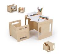 Relaxdays Set Infantil 2 Piezas, Mesa y Taburete, Madera, Natural