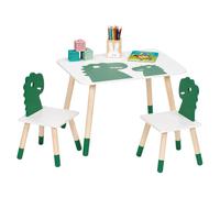 Relaxdays Set Infantil Dino: Mesa con sillas, Blanco/Verde | Niñas y niños, rincón de descanso para la habitación infantil
