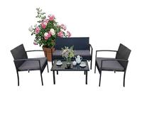 Relaxdays Set jardín 4 pzas ratán, 4 Personas, Banco 2 plazas, 2 sillas, Mesa de Cristal, Muebles Lounge Exterior Negro