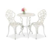 Relaxdays Set Mesa y Sillas Jardín, Mesita Terraza con 2 Asientos, Balcón, Estilo Vintage, Aluminio, Blanco/Bronce