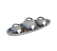 Relaxdays Set Portavelas con Bandeja y Piedras Decorativas, 38 cm de Largo, 3 Velitas, Decoración de Mesa, Gris/Blanco