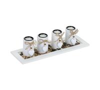 Relaxdays Set Portavelas con Bandeja y Piedras Decorativas, 39,5 cm de Largo, 4 Velitas, Decoración de Mesa, Blanco