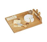 Relaxdays Tabla de quesos de bambú con cubiertos marrón claro,plata