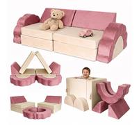 Relaxdays sofá Infantil Modular de 10 pzs. Bloques de Espuma Suaves, Rosa | sofá de juegos terciopelo, 47x150x65 cm