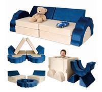 Relaxdays Sofá Infantil Modular de Juegos, 10 pzas., 47 x 150 x 65 cm | bloques suaves de espuma, terciopelo, azul
