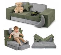 Relaxdays Sofá Modular Infantil, Gris-Verde | 10 piezas suaves, microfibra efecto ante, (Al x An x Fon) 45 x 140 x 65 cm
