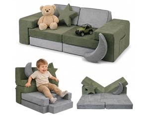 Relaxdays Sofá Modular Infantil, Gris-Verde | 10 piezas suaves, microfibra efecto ante, (Al x An x Fon) 45 x 140 x 65 cm