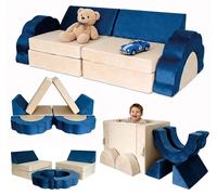 Relaxdays, sofá modular para niños, juego de 10 piezas, bloques suaves, sofá infantil, terciopelo, dimensiones: 47 x 150 x 65 cm, sofá para juegos, color azul