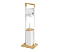 Relaxdays Soporte de Papel higiénico con escobilla de pie de bambú, 76.5 x 28 x 18 cm, Blanco